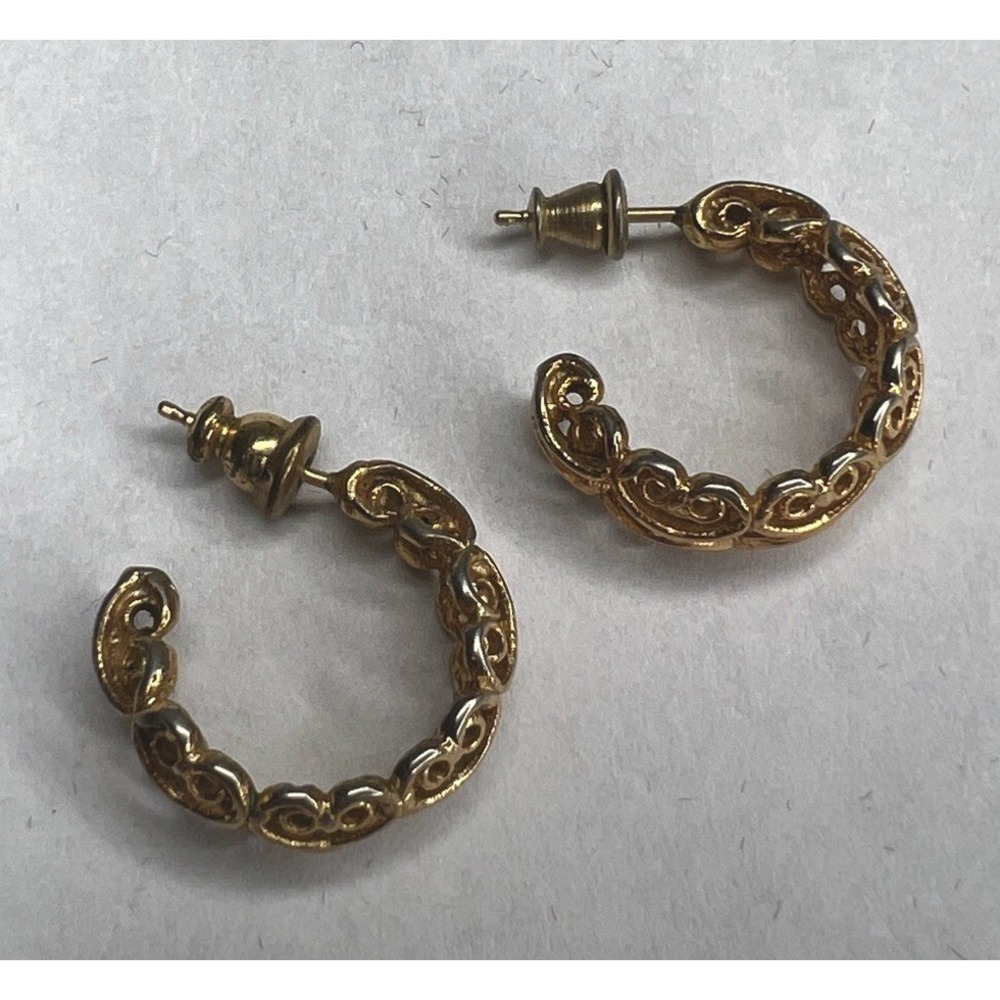Vintage Half Hoop Post Earrings Scroll Filigree‎ Pierced Gold Tone